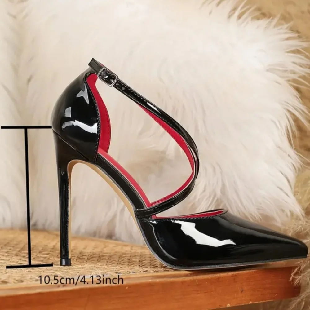 Women Pointed Toe Black Stiletto Heels With Cross-Back Design Size 7 (38) - Picture 3 of 10